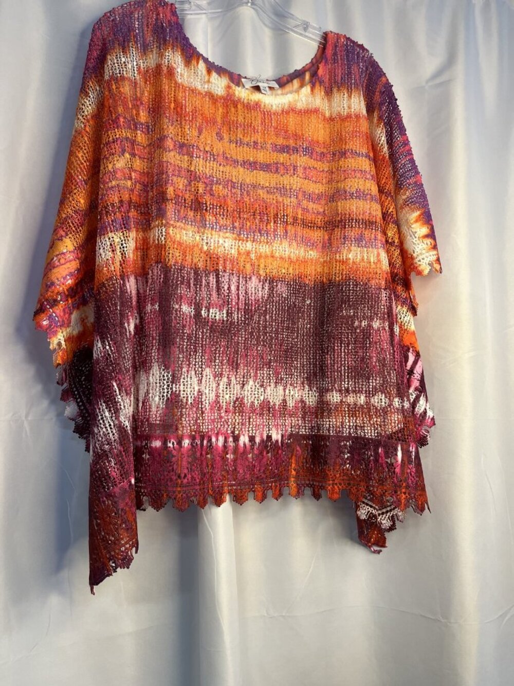Oasis Size 1X Women's Multicolor Open Knit Crochet Poncho Top with Crochet Trim